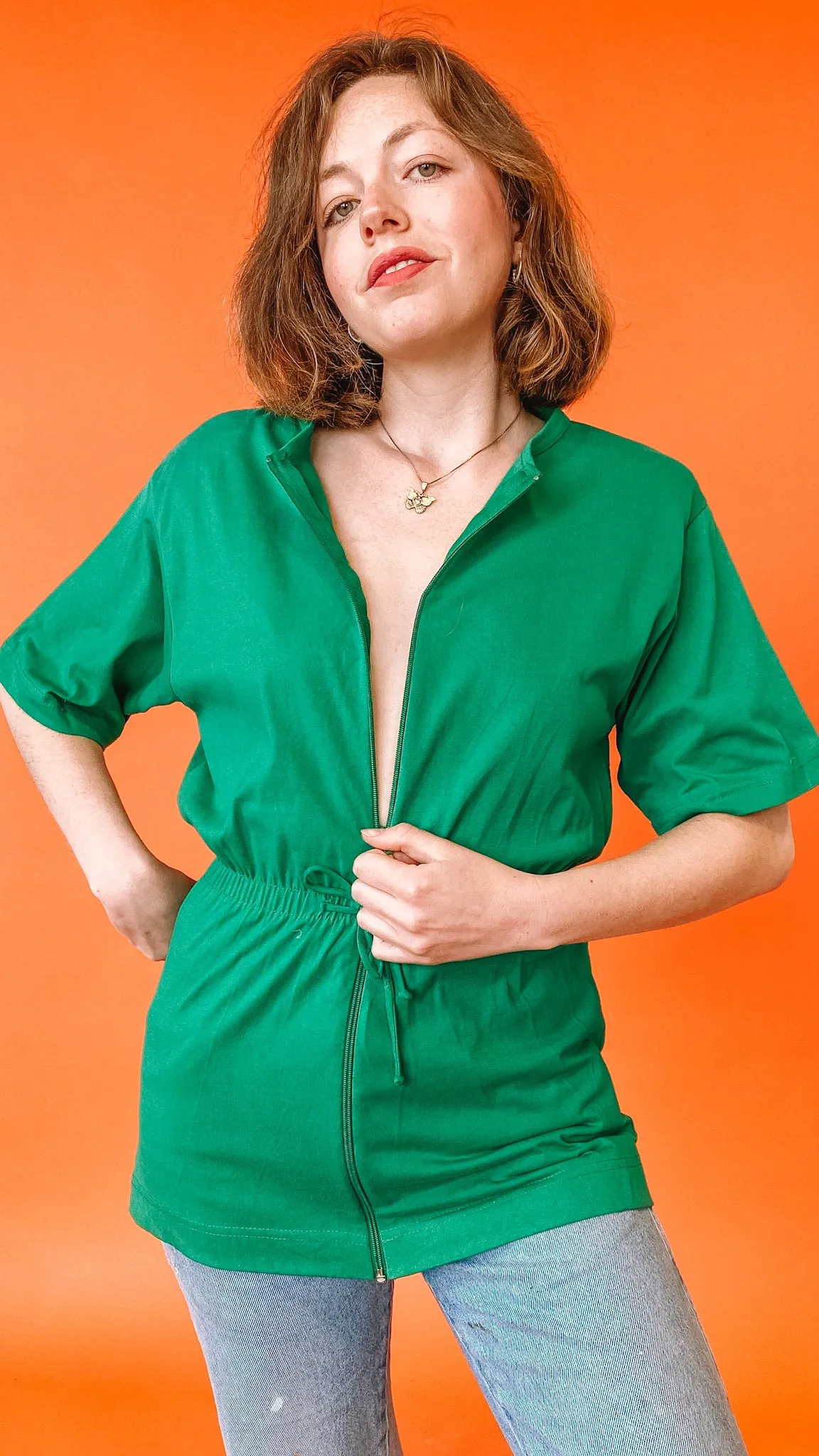 1980s Green Zip Up Drawstring Top, sz. S