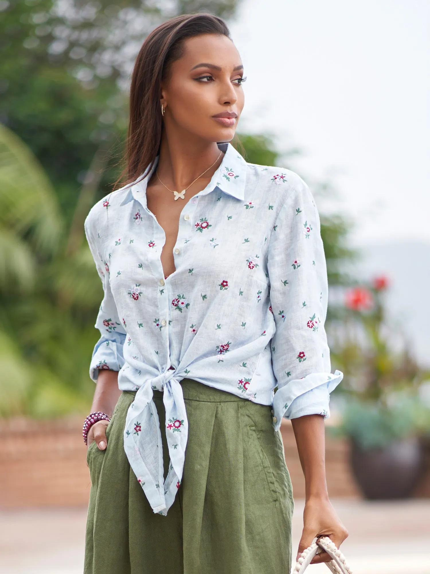 Adley Embroidered Tie Linen Shirt