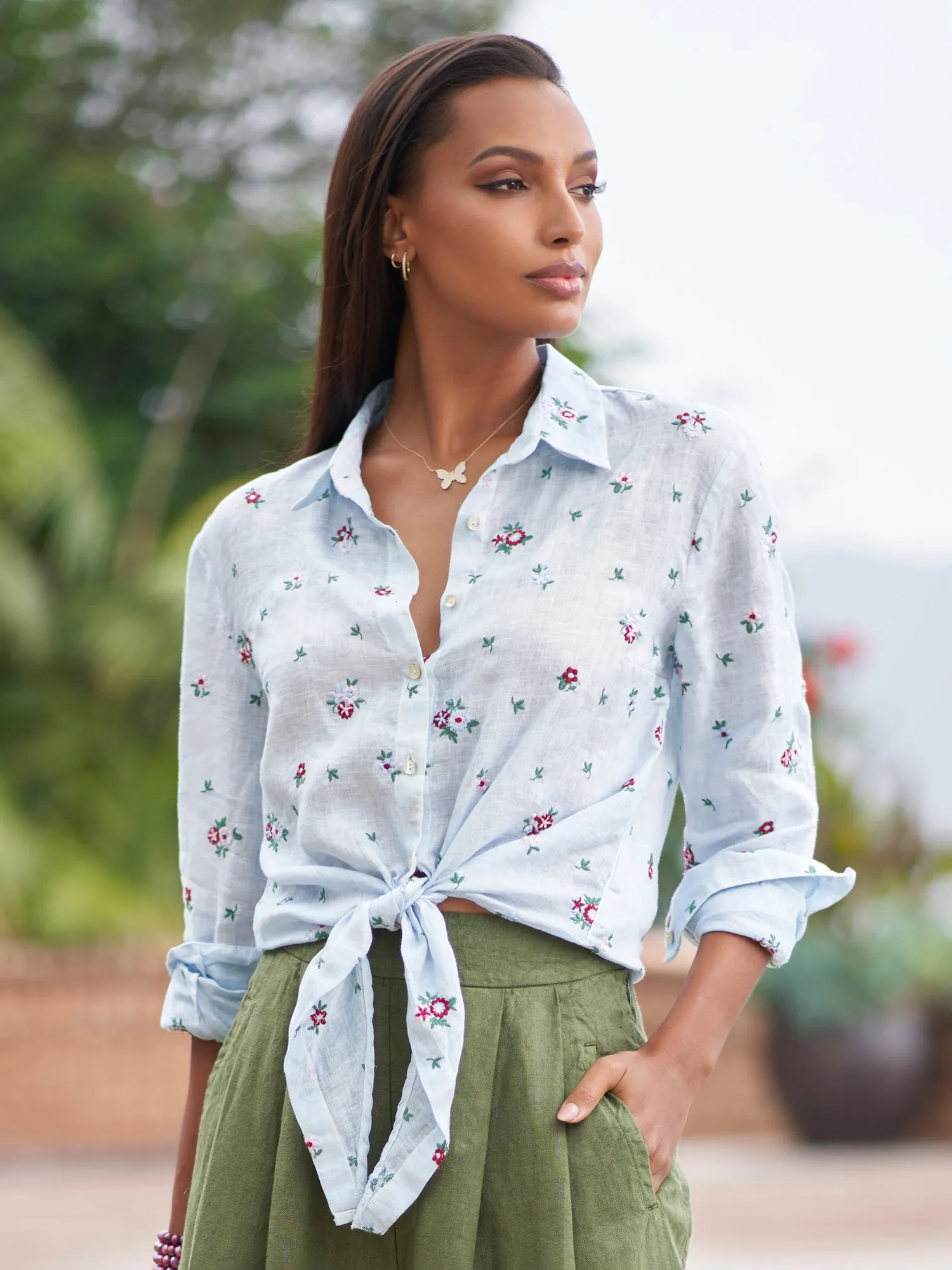 Adley Embroidered Tie Linen Shirt