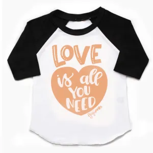 Black sleeved raglan - love is all you need in CORAL