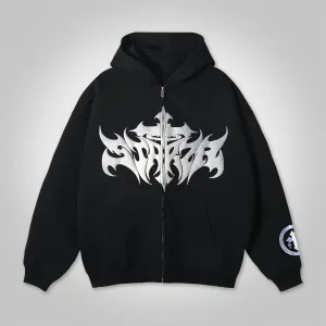 Blavra Vintage Letter Star Cross Graphic Hip Hop Oversized Zip Up Hoodie