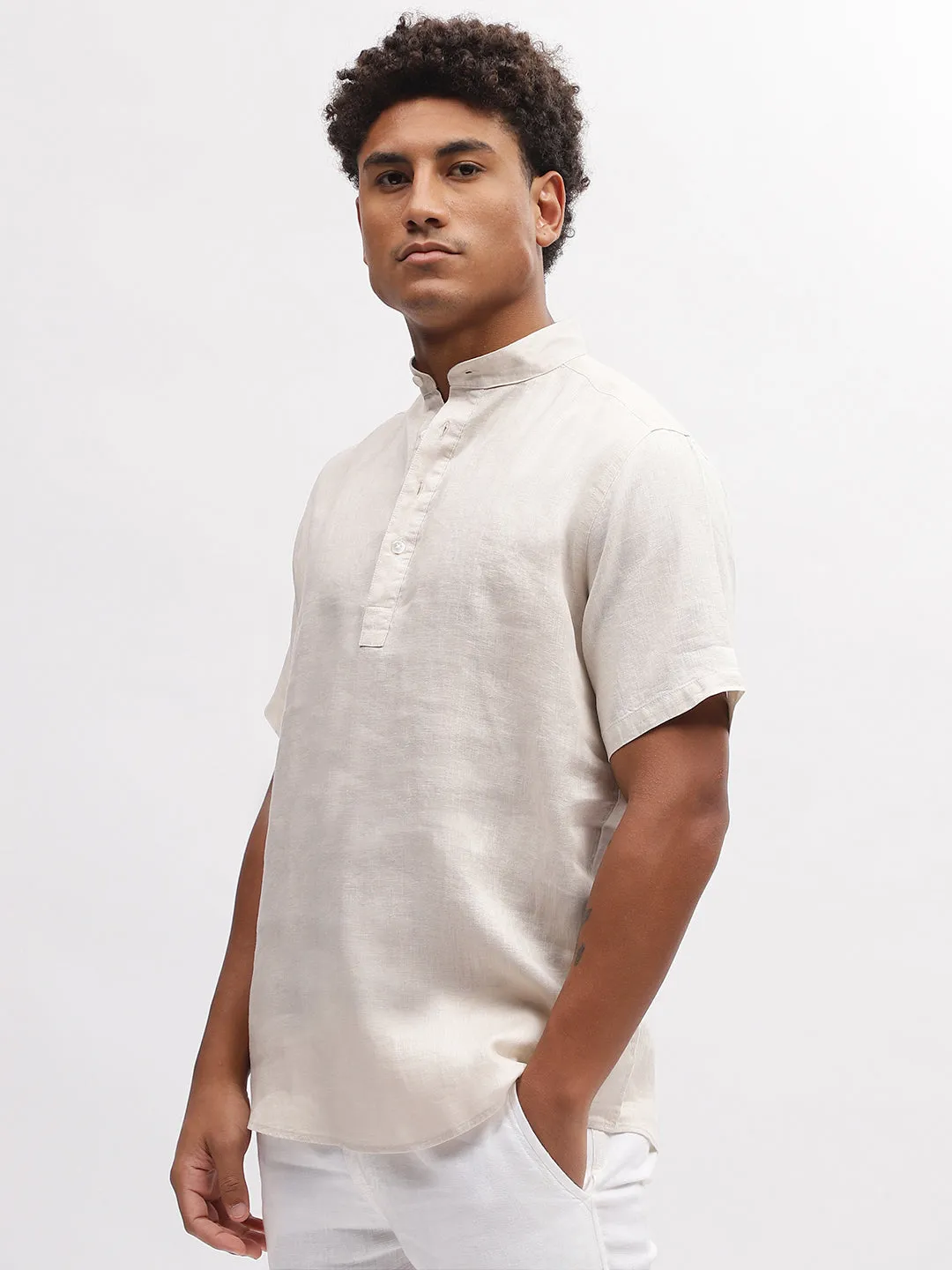Bruun & Stengade Men Beige Solid Band Collar Short Sleeves Shirt