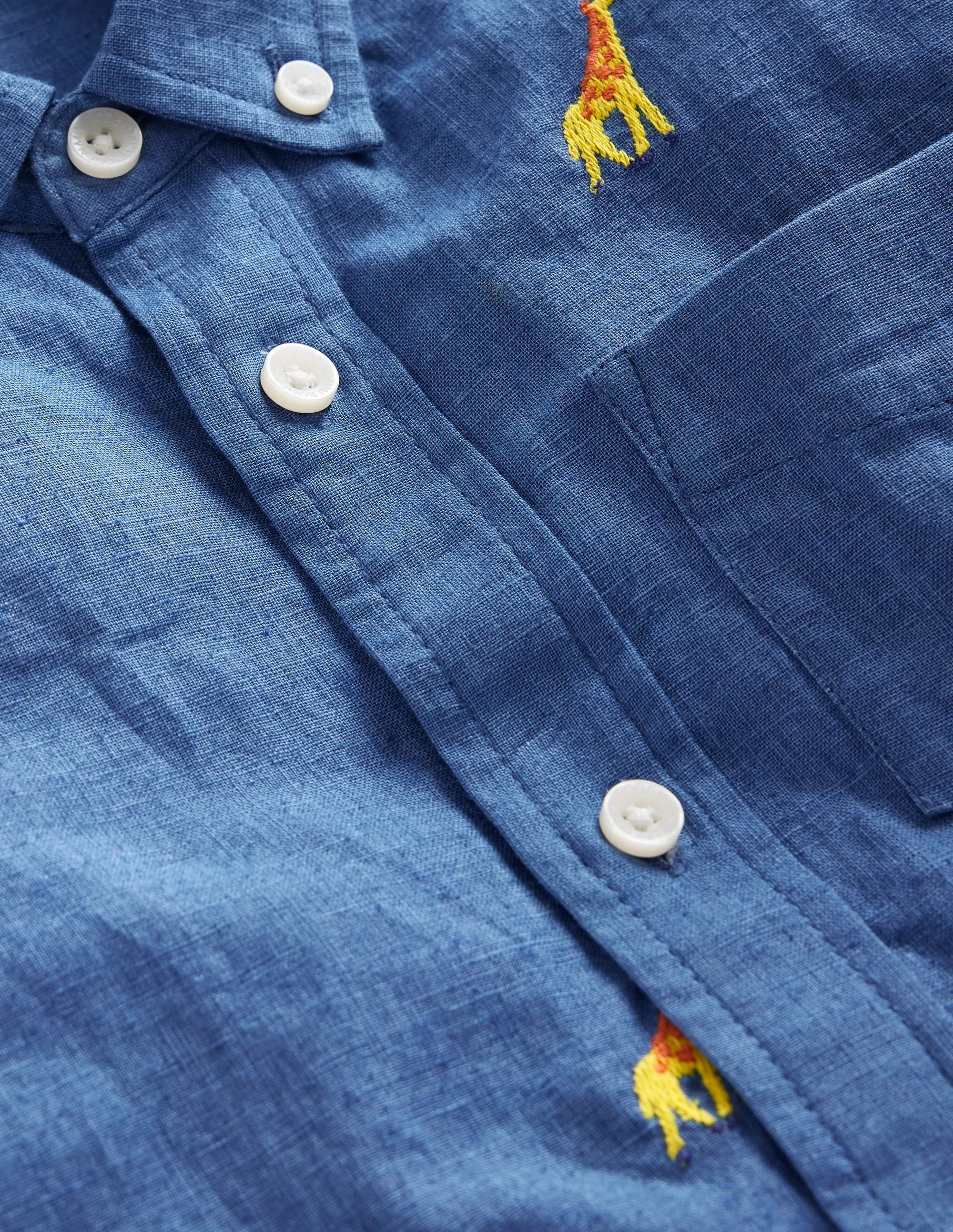 Cotton Linen Shirt-Chambray Giraffe Embroidery