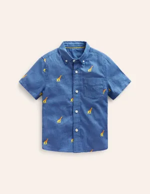 Cotton Linen Shirt-Chambray Giraffe Embroidery