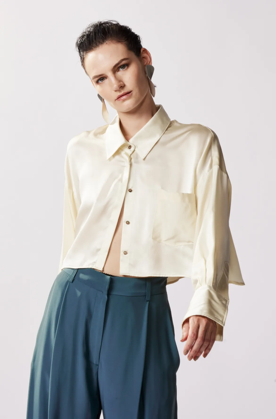 Cropped Oversized Satin Button Up - Mineral