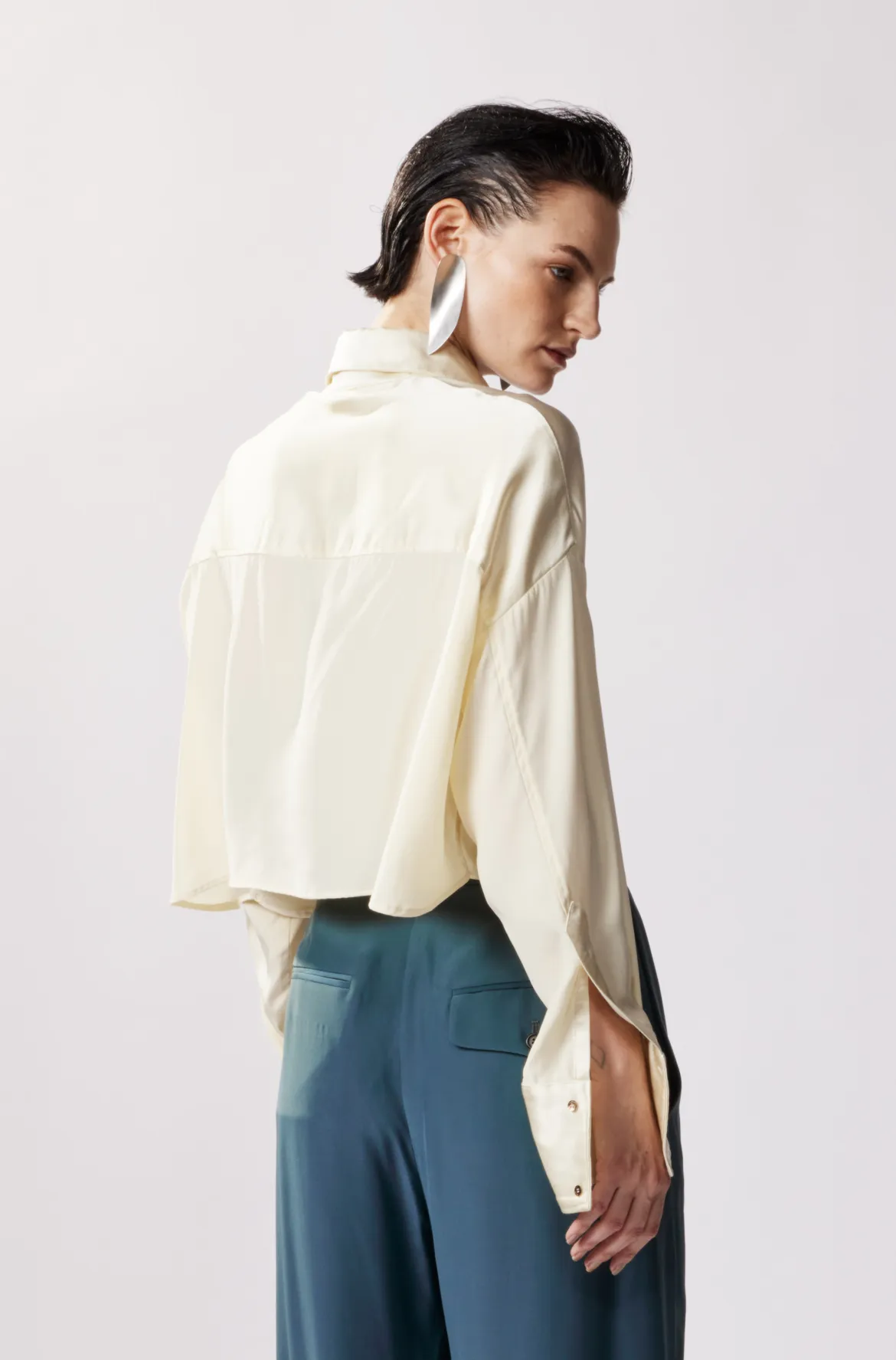 Cropped Oversized Satin Button Up - Mineral