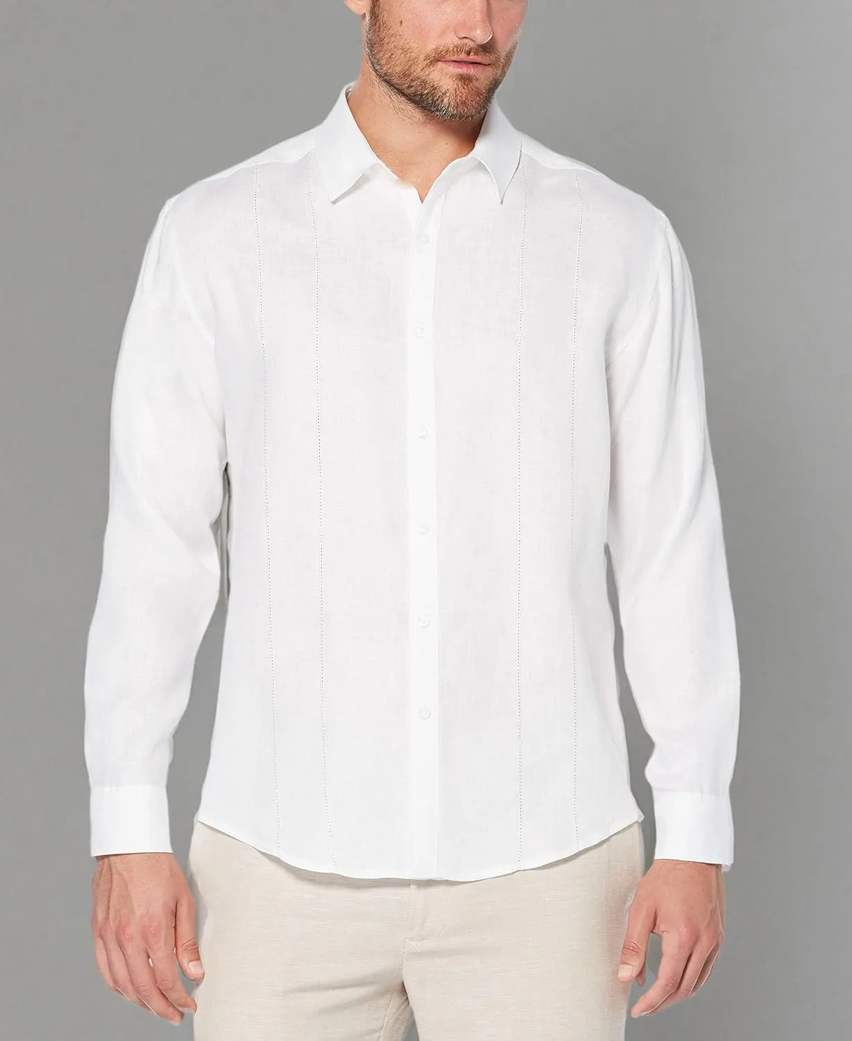 Cubavera Men's Long Sleeve 100% Linen Essential Shirt with Eyelet Detail