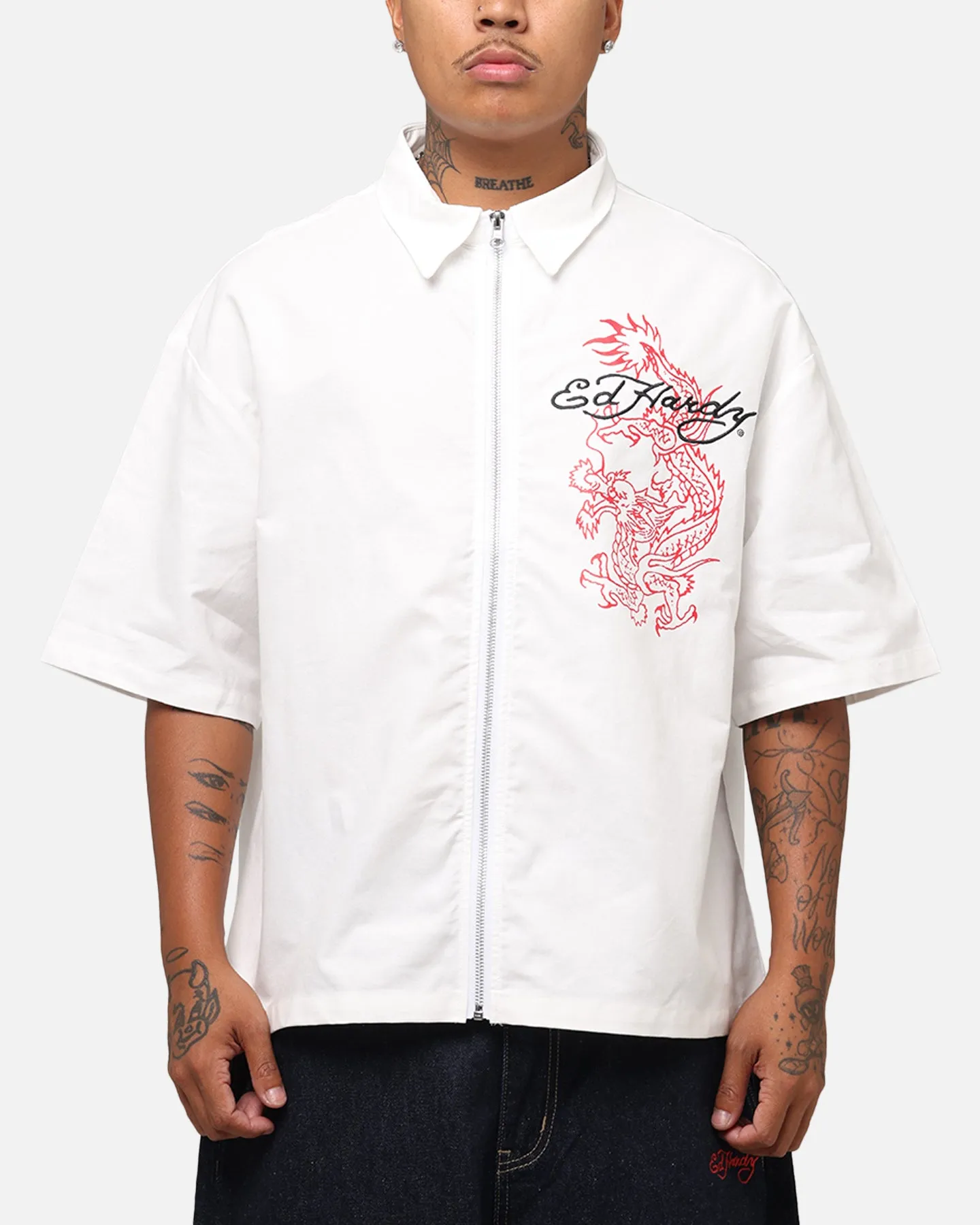 Ed Hardy Dragon Zip Shirt Off White