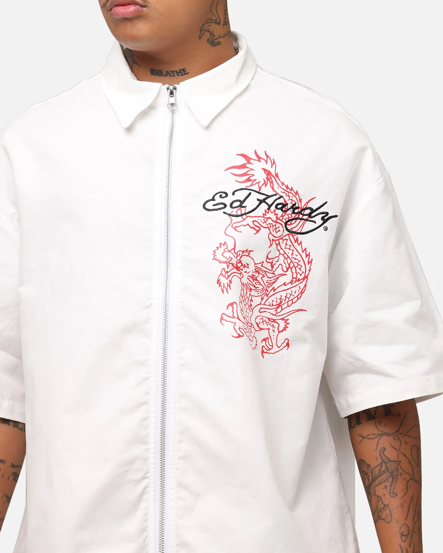 Ed Hardy Dragon Zip Shirt Off White