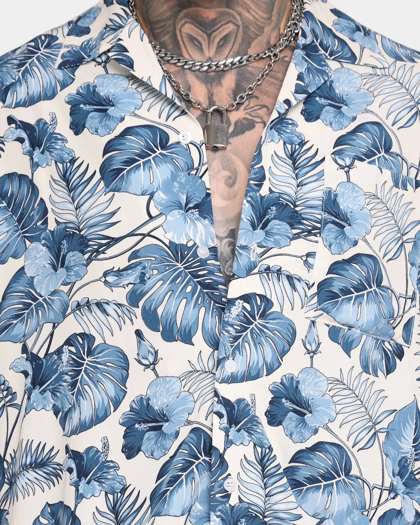 EN.ES Cabana Flower Button Up Shirt White/Blue