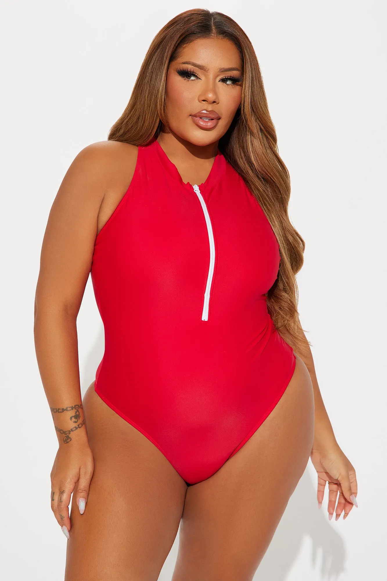 Evelyn Zip Up 1 Piece Swimsuit - Red