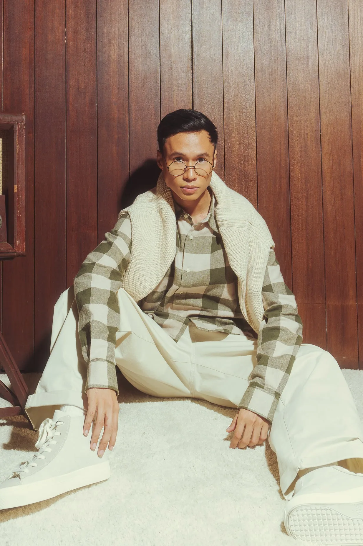 Men's Beige Checkered Collar Viscose Blend Shirt
