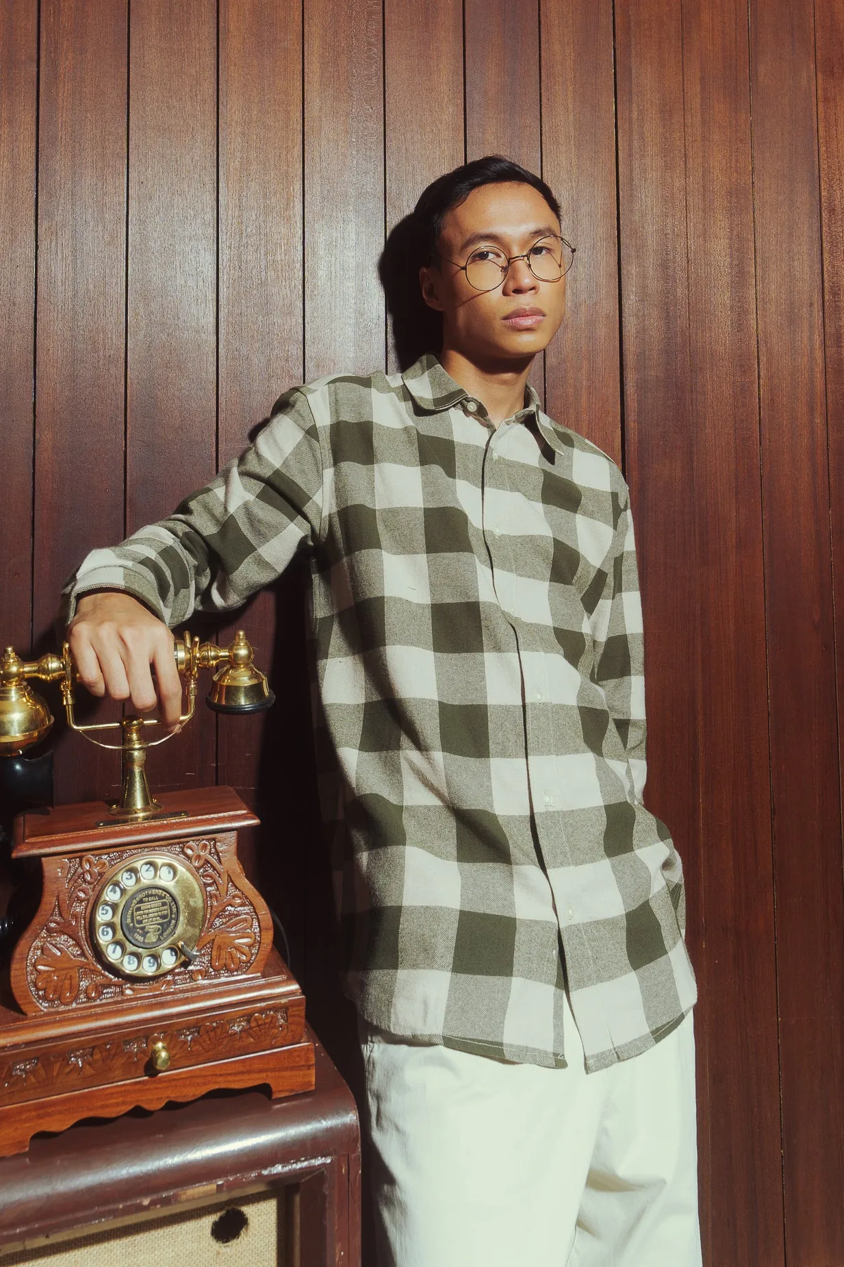 Men's Beige Checkered Collar Viscose Blend Shirt