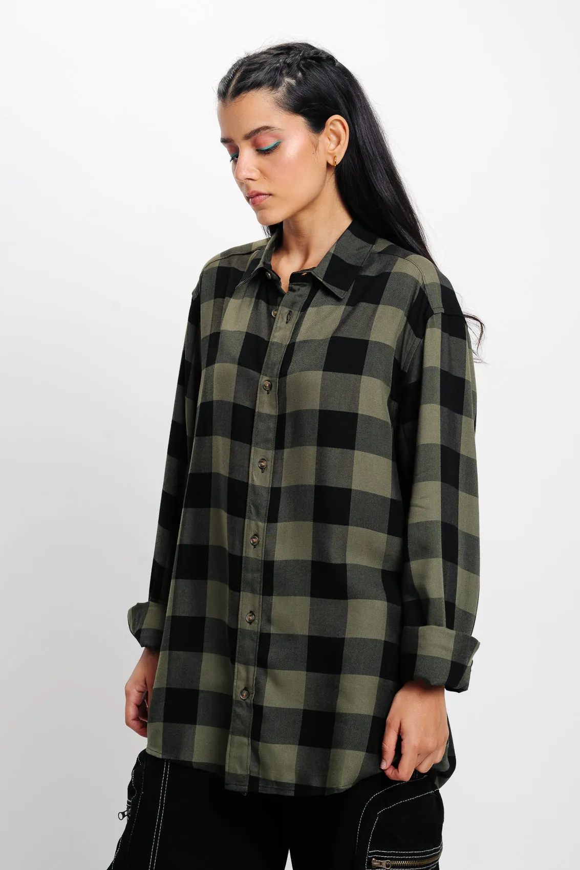 Olive Green Checkered Viscose Blend Shirt