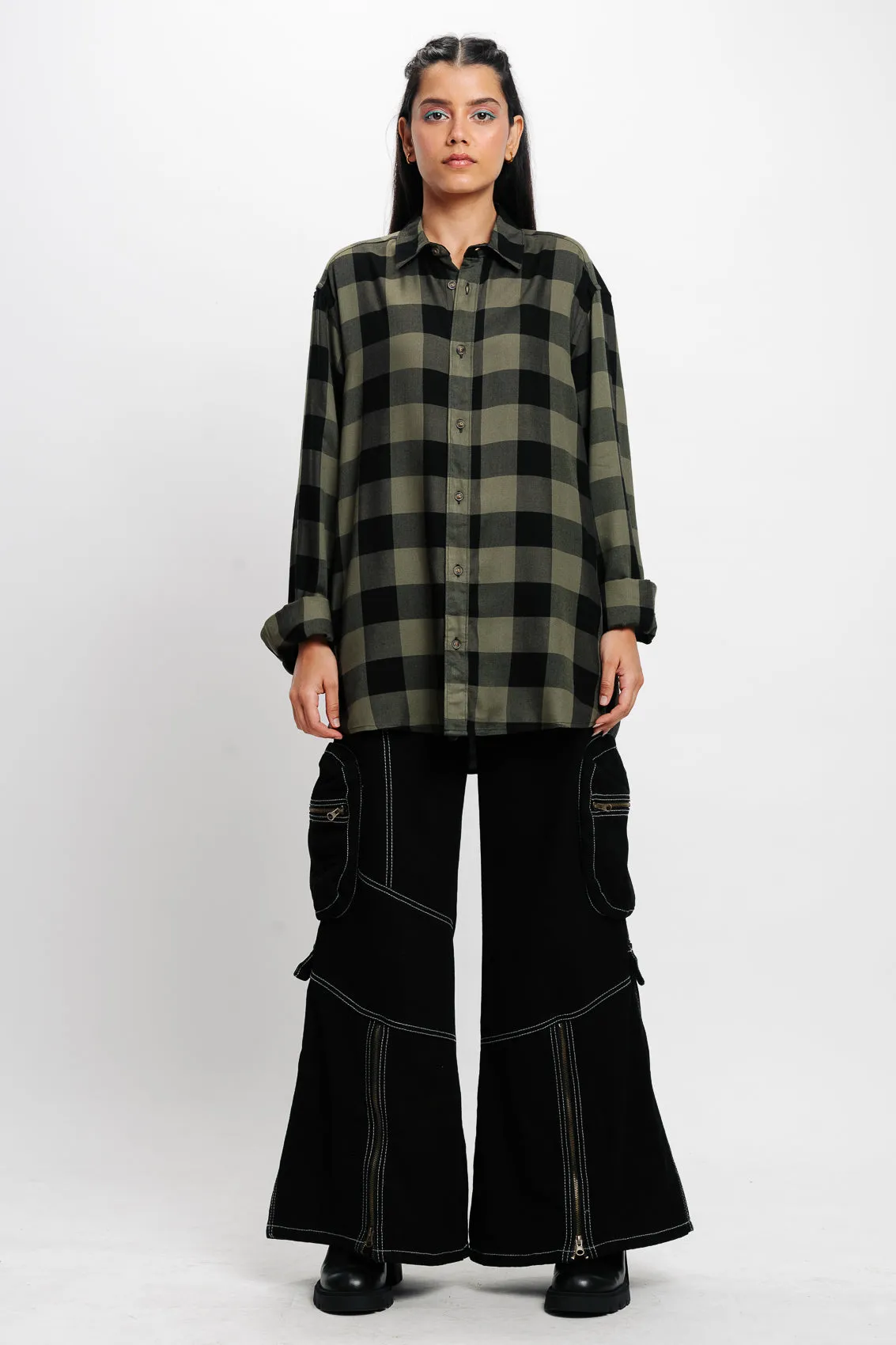 Olive Green Checkered Viscose Blend Shirt