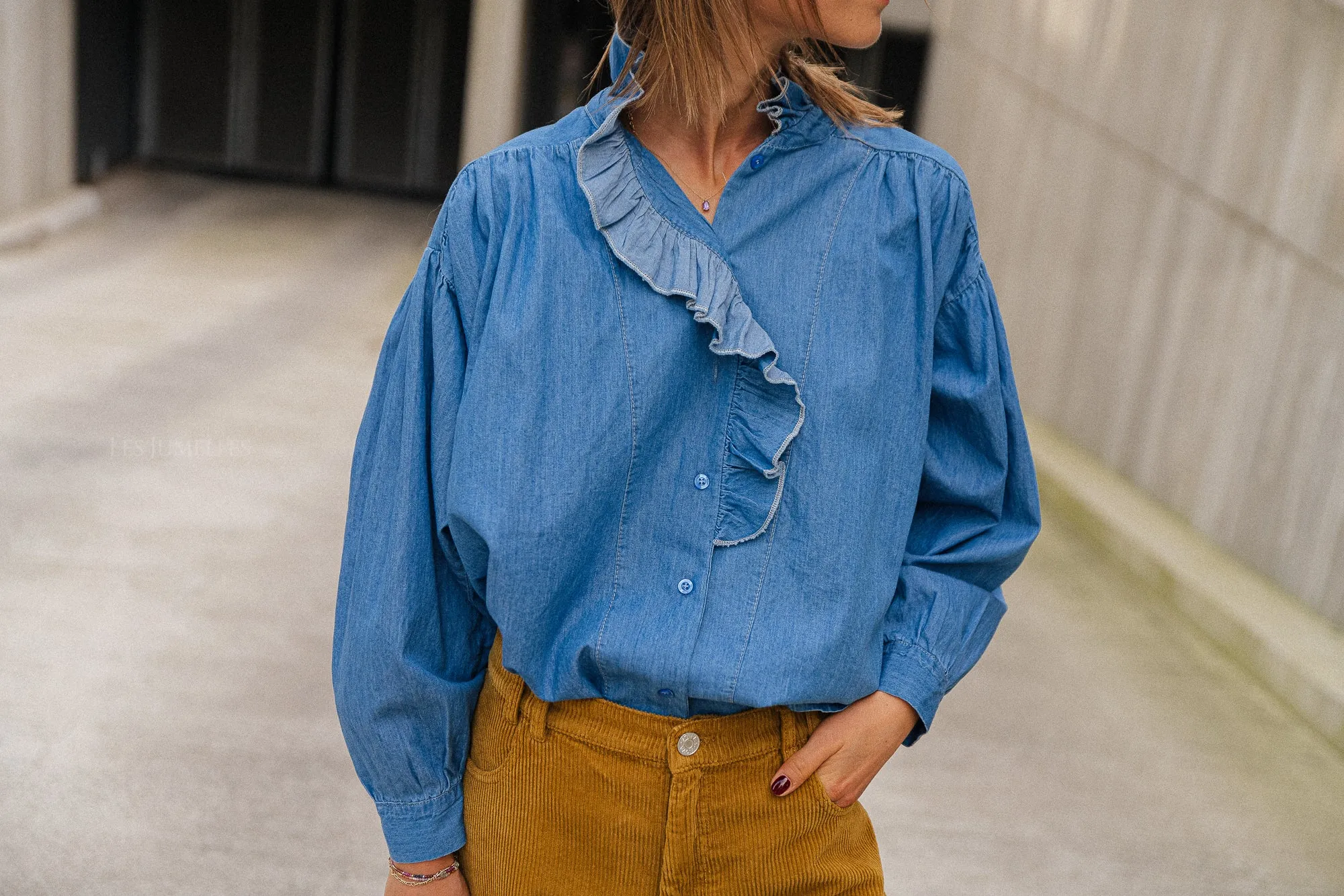 River ruffled denim shirt blue
