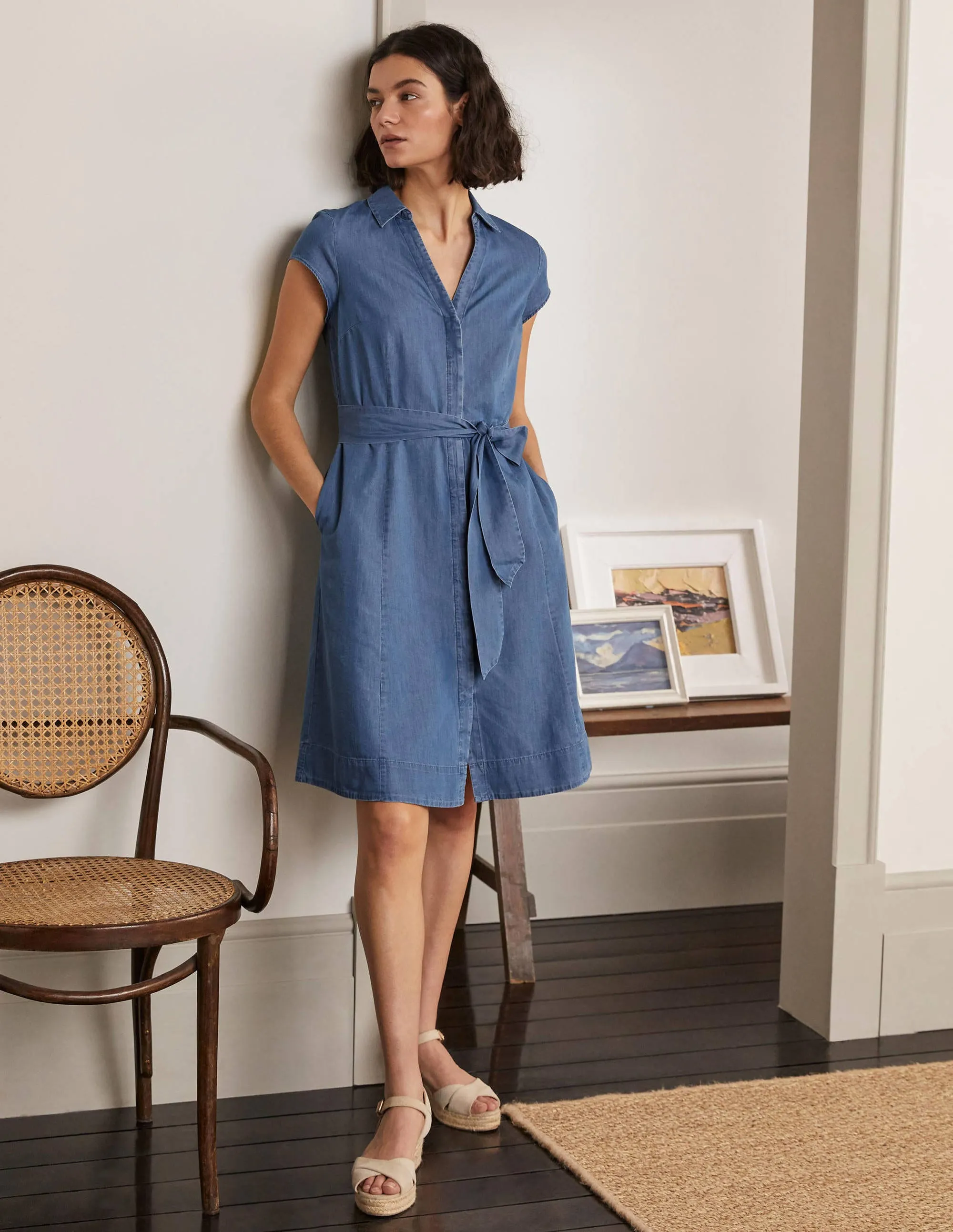 Short Sleeve Shirt Dress-Chambray