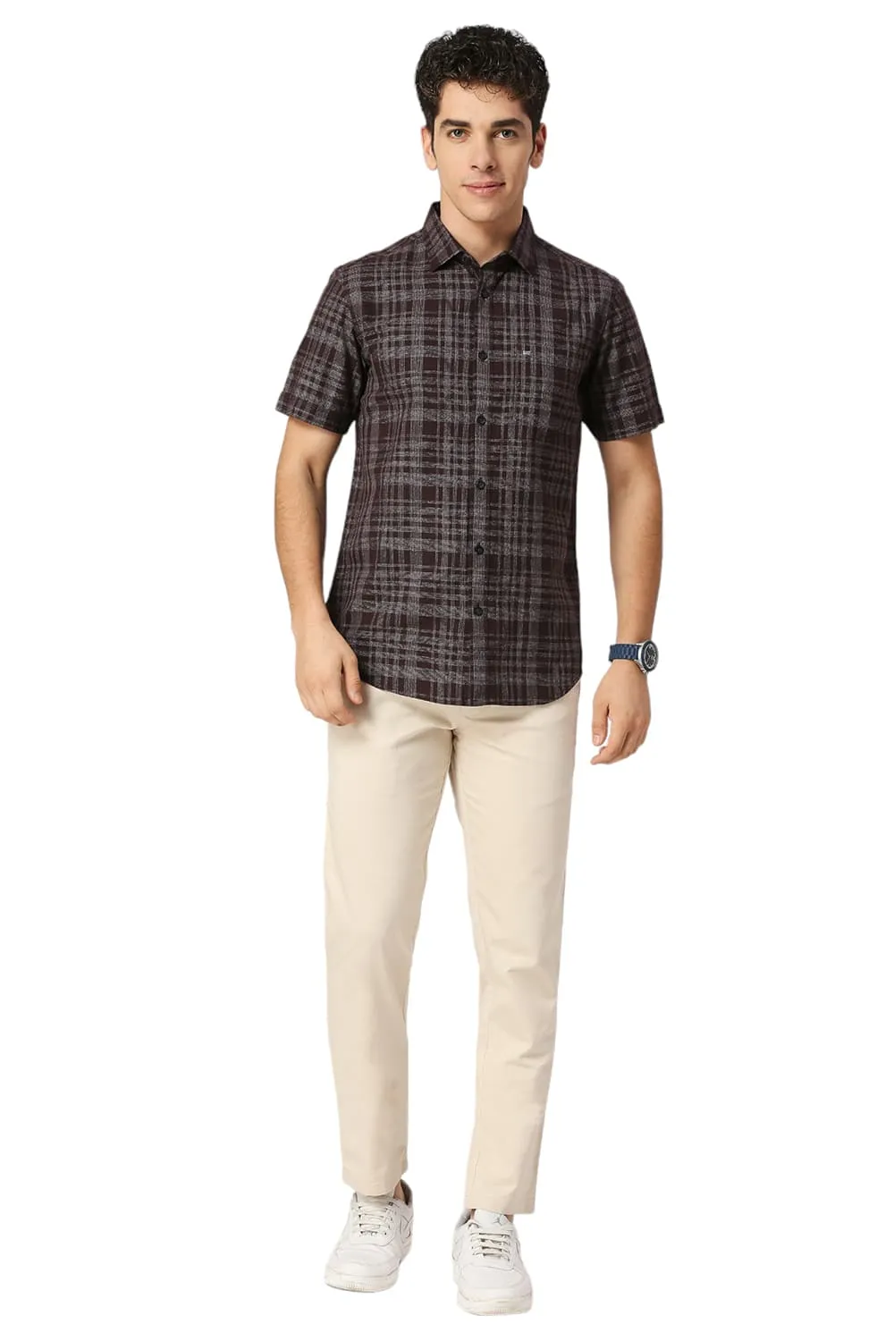 Slim Fit Cotton Twill Grindle Checks Halfsleeves Shirt