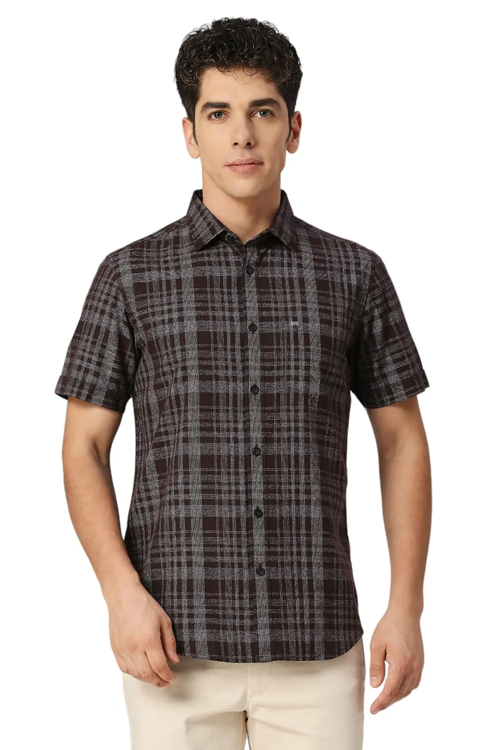 Slim Fit Cotton Twill Grindle Checks Halfsleeves Shirt