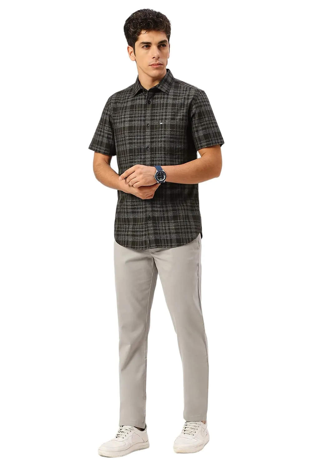 Slim Fit Cotton Twill Grindle Checks Halfsleeves Shirt