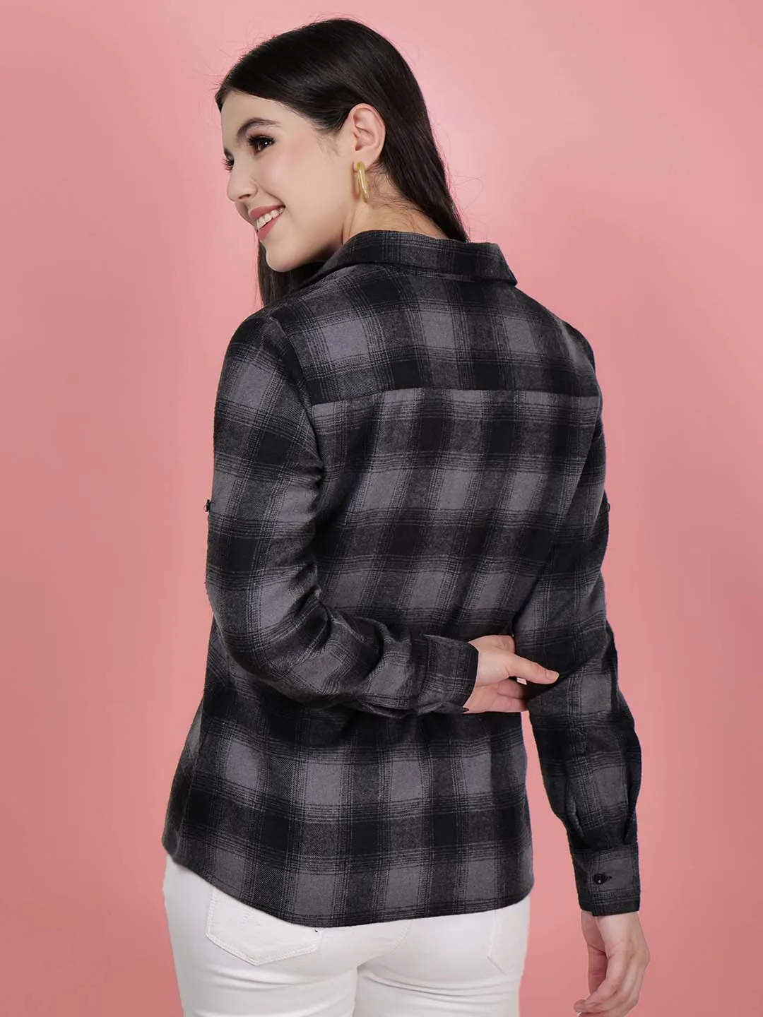 Women Black Check Cotton Shirt