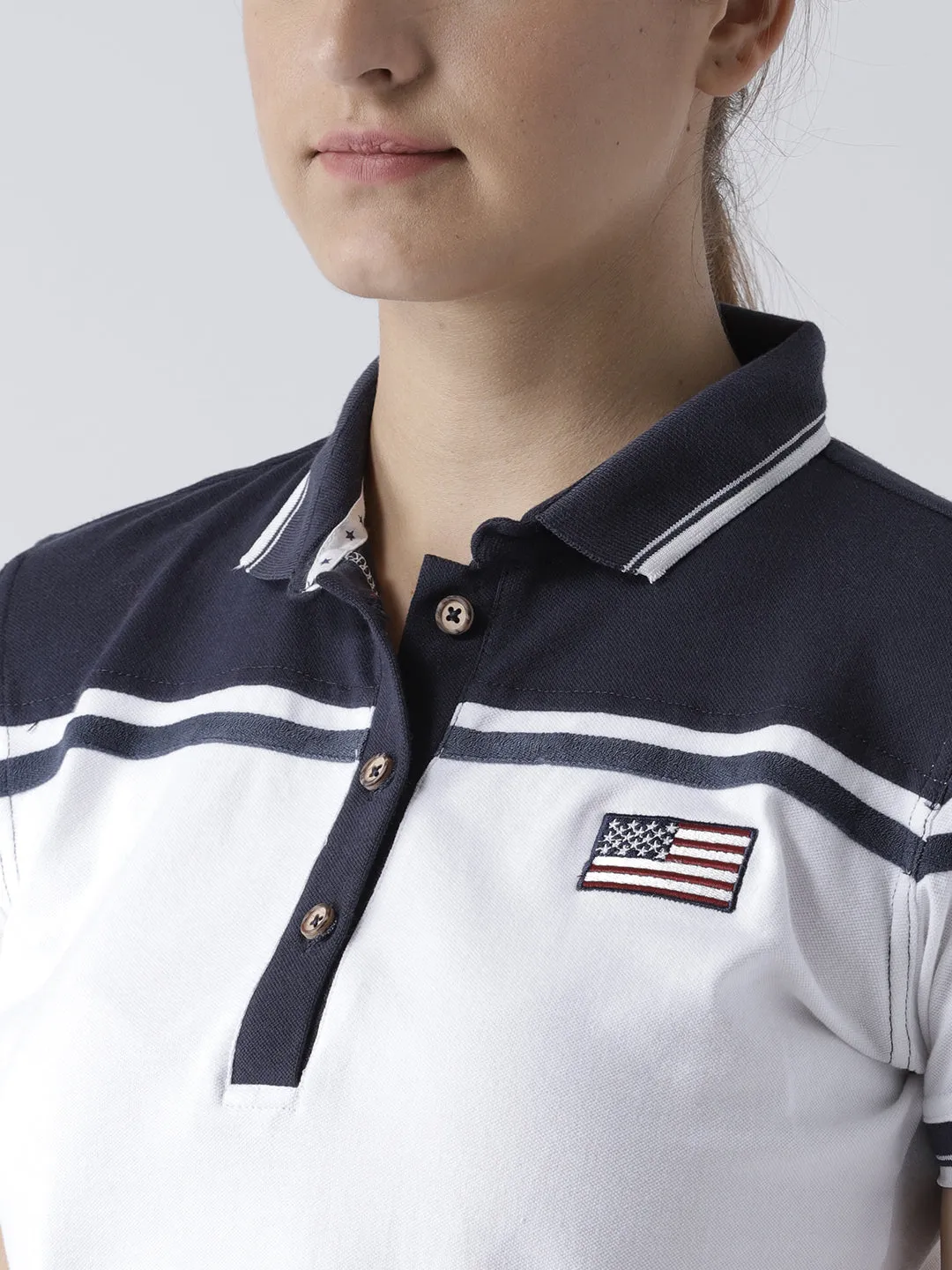 Women White and Navy Blue Polo T-shirt