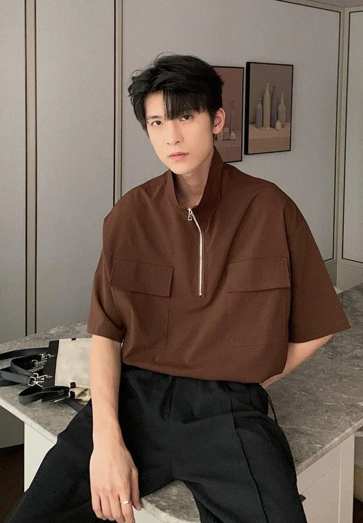 Zip Up High Neck Short Sleeve Shirt