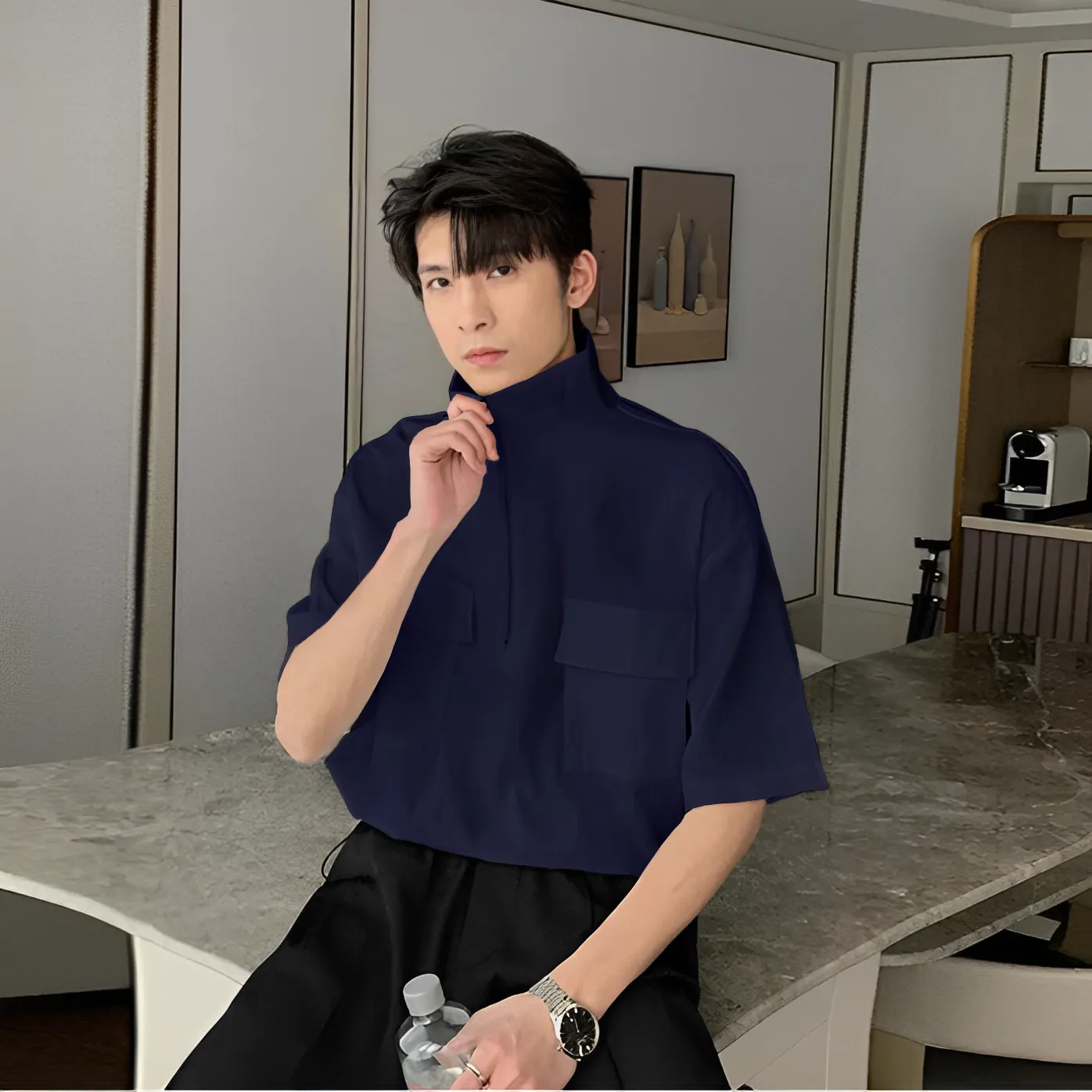 Zip Up High Neck Short Sleeve Shirt